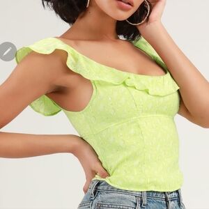 Free People Stay With You Lime Green Floral Print Satin Ruffled Top